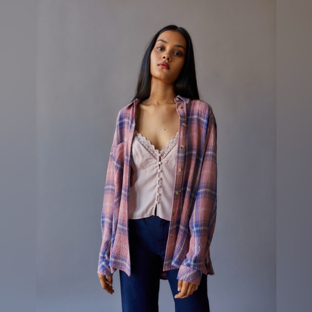 BDG - Oversized Plaid Flannel Shirt Pink Blue – Size M